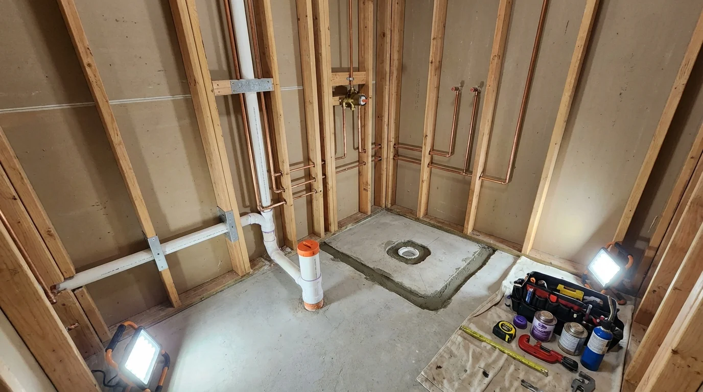 Bathroom rough-in plumbing during remodel by Johns Plumbing LLC in DeFuniak Springs