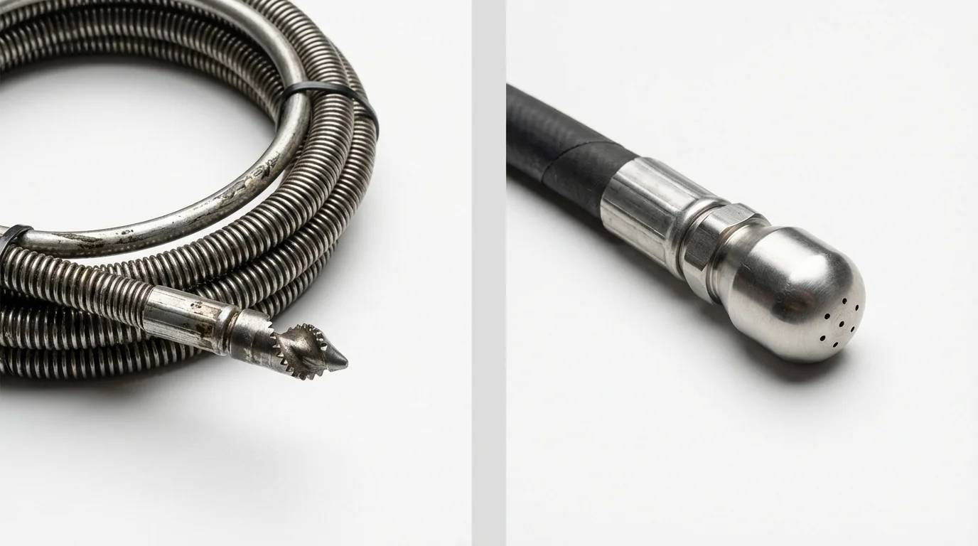 Drain snake cable and hydro jetting nozzle used for drain cleaning in DeFuniak Springs, FL