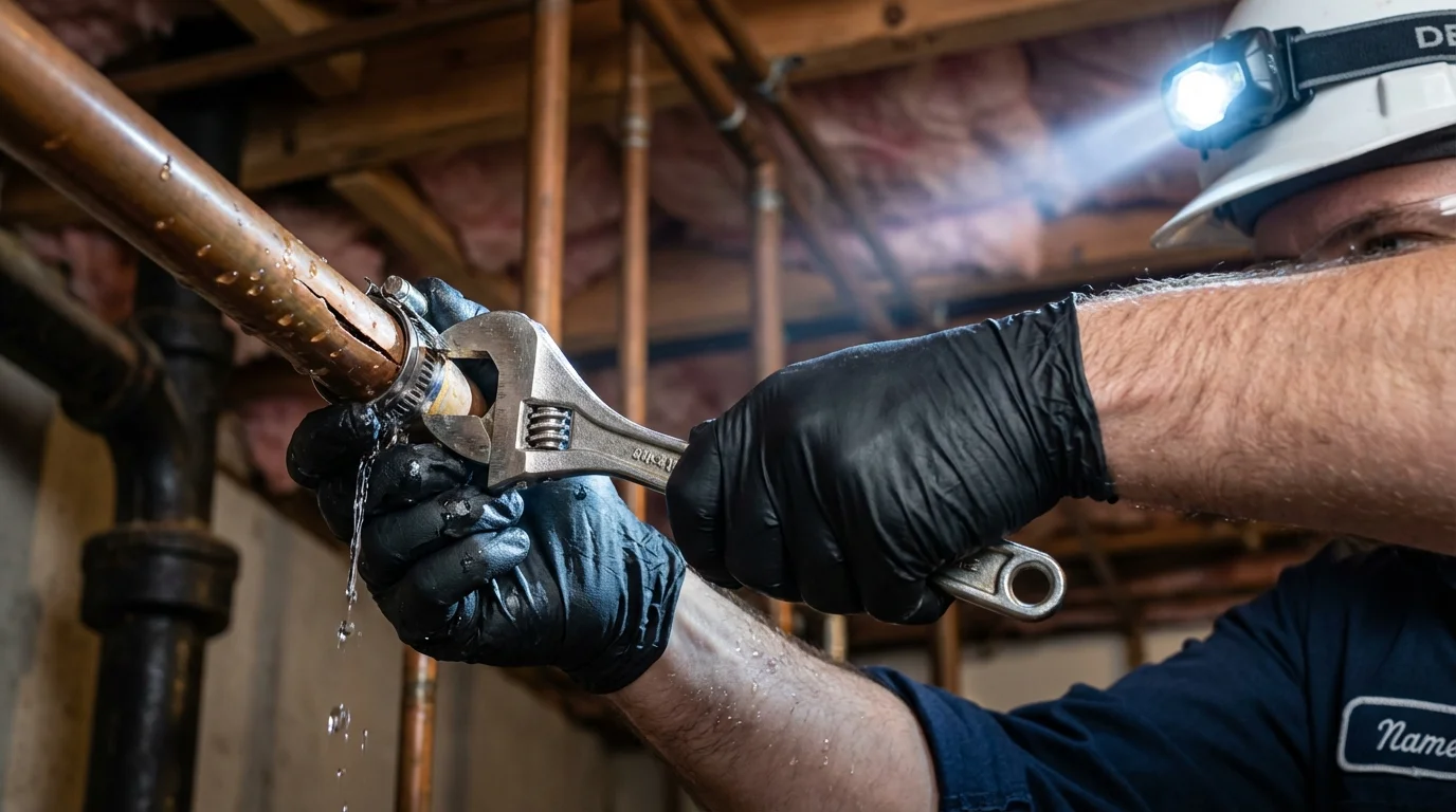 Emergency pipe clamp repair being performed by a Johns Plumbing LLC plumber in DeFuniak Springs