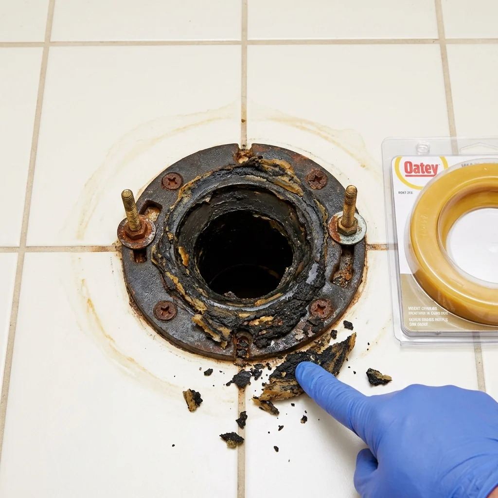 Failed wax ring showing water seepage at the base of a toilet in a DeFuniak Springs, FL home