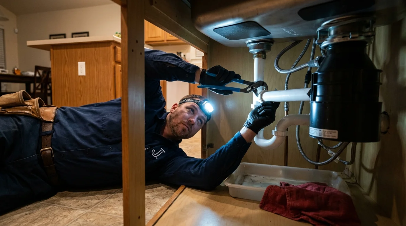 P-trap and supply line connections under a kitchen sink showing a common leak point in DeFuniak Springs, FL